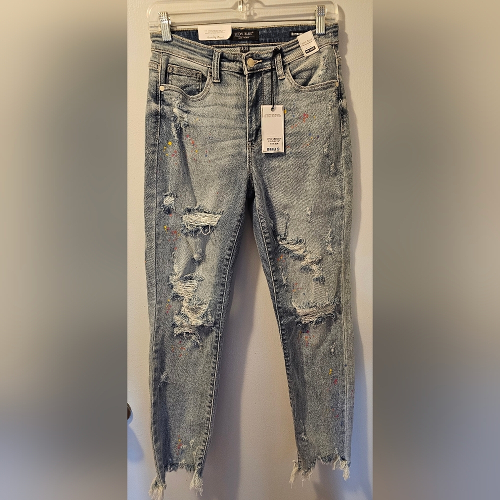 Judy Blue Boyfriend Fit Jeans Paint Splatter Distressed High Rise Size 3/26 NWT